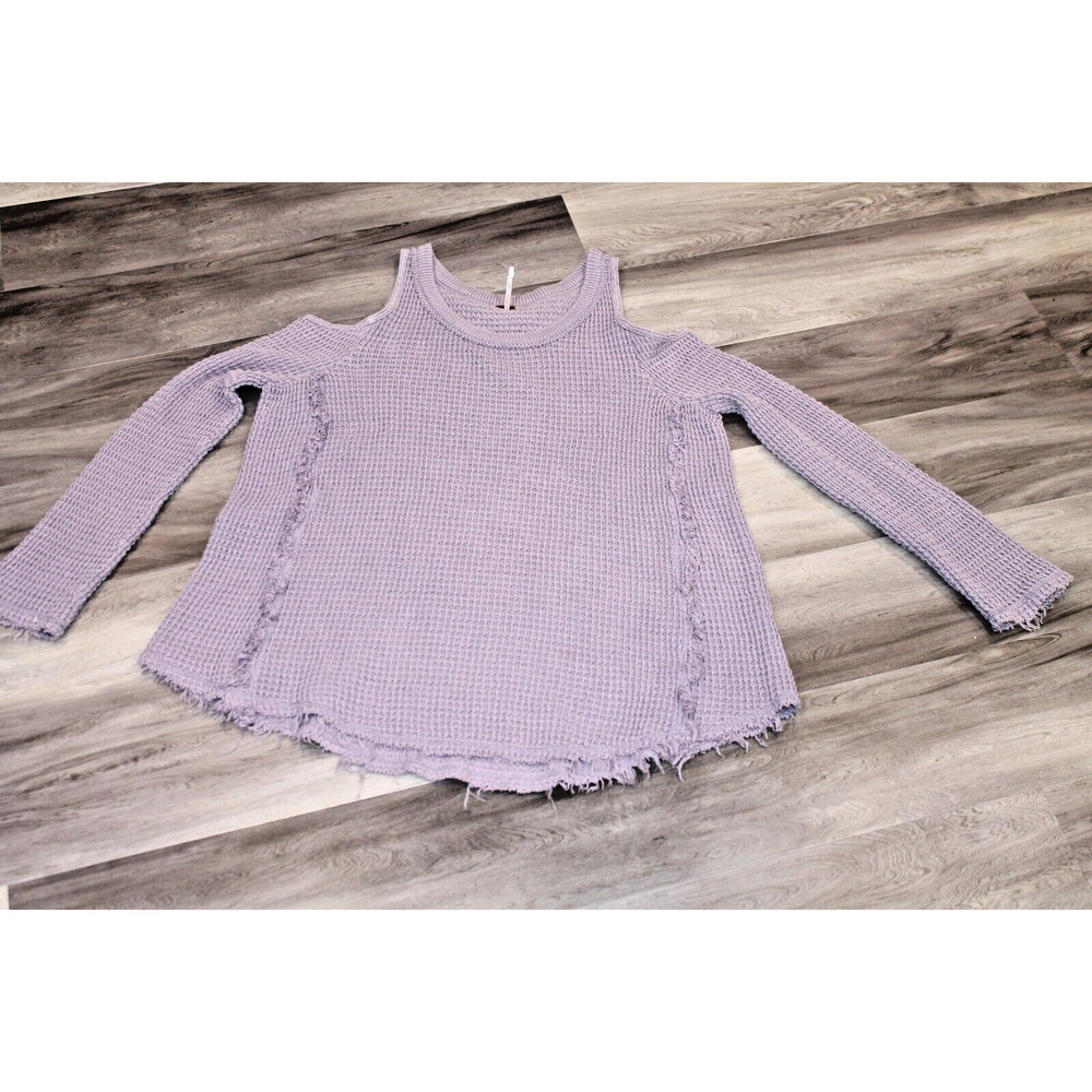 Free People Sunrise Cold Shoulder Sweater Oversize S Purple Waffle Knit Raw Hem